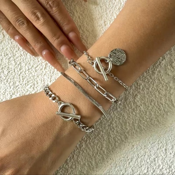 Classic Chain T-Bar Bracelet Set of 4 Silver Alloy Cut Out Stackable - Picture 3 of 6